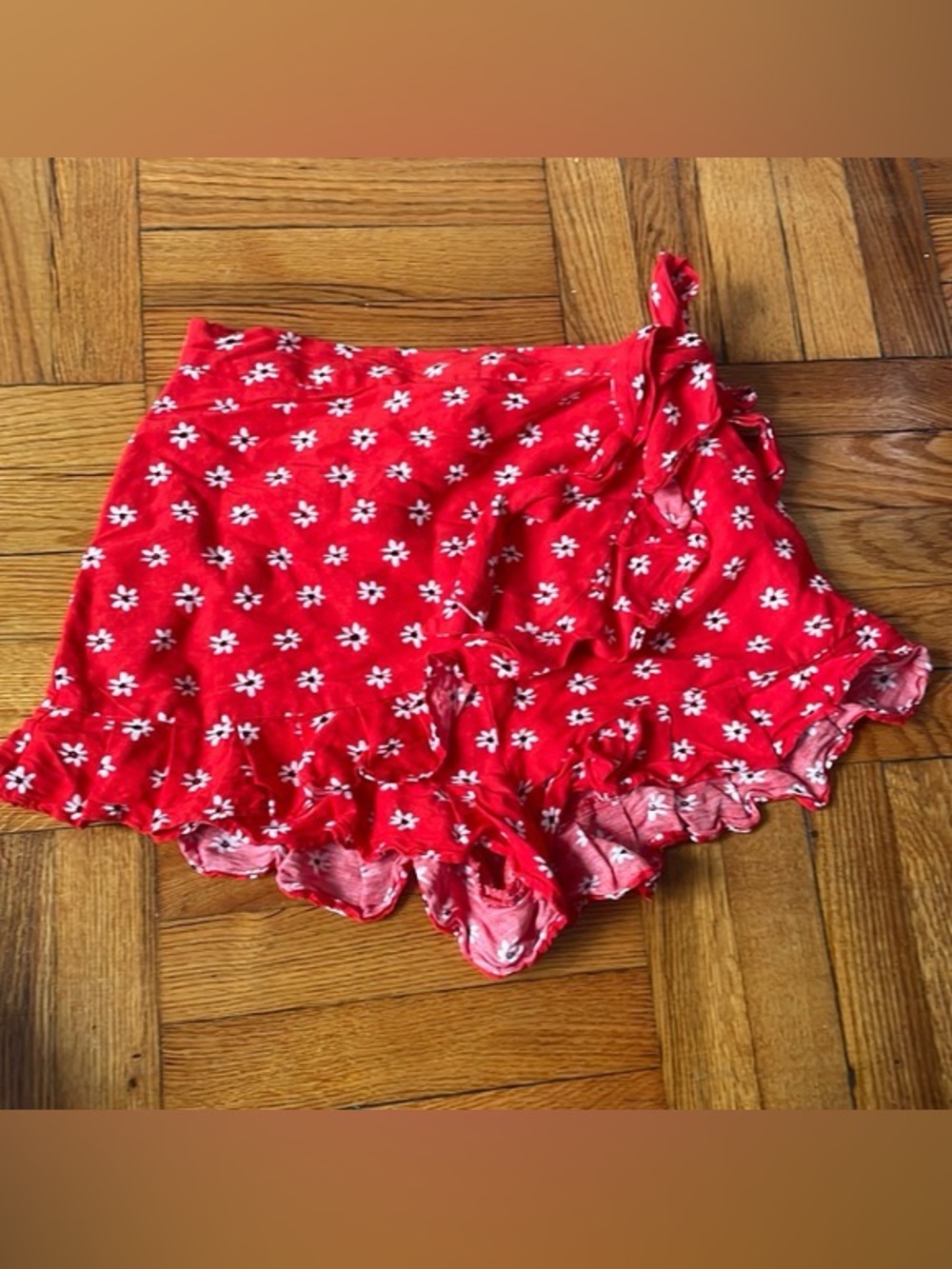Zara Red Floral Wrap Skirted Shorts with Ruffle